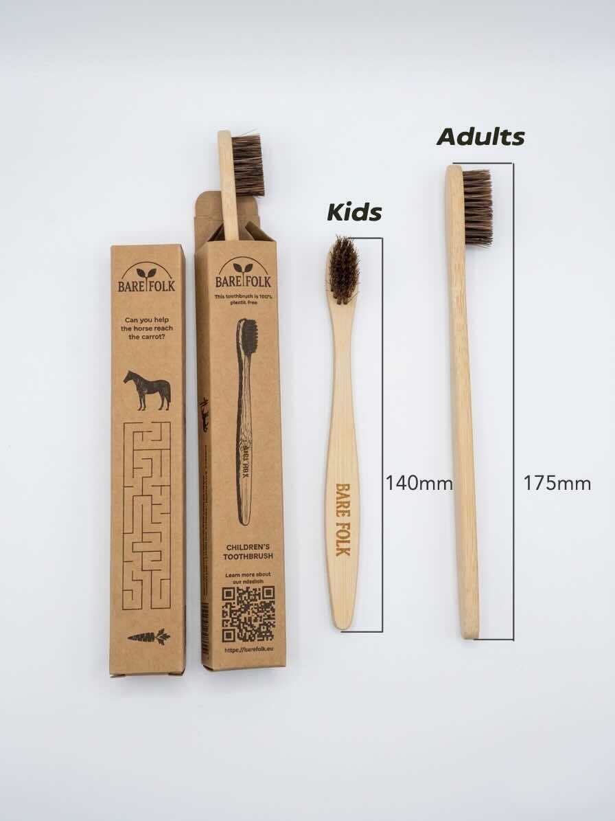 natural Children's toothbrush, plastic free, bamboo, soft horsehair bristles, plastic free packaging