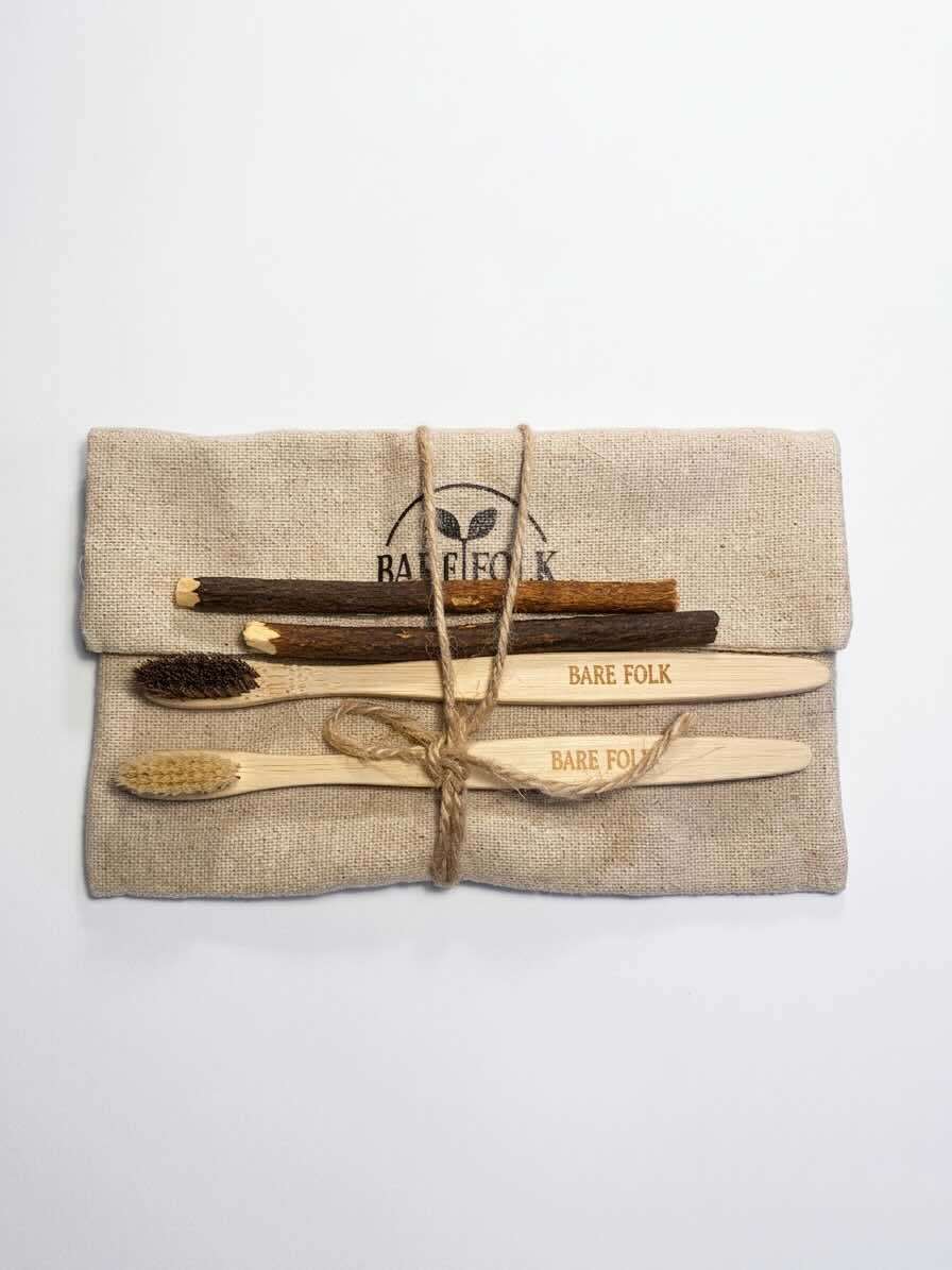 BareFolk plastic free oral care variety pack - toothbrushes + miswak + toiletry bag
